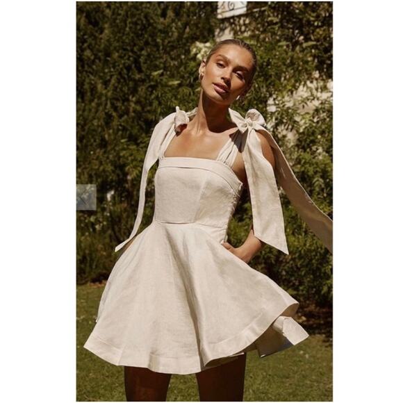 DISSH Tan Cream Linen Tie Shoulder Flare Aisle Mini Dress - Picture 1 of 6